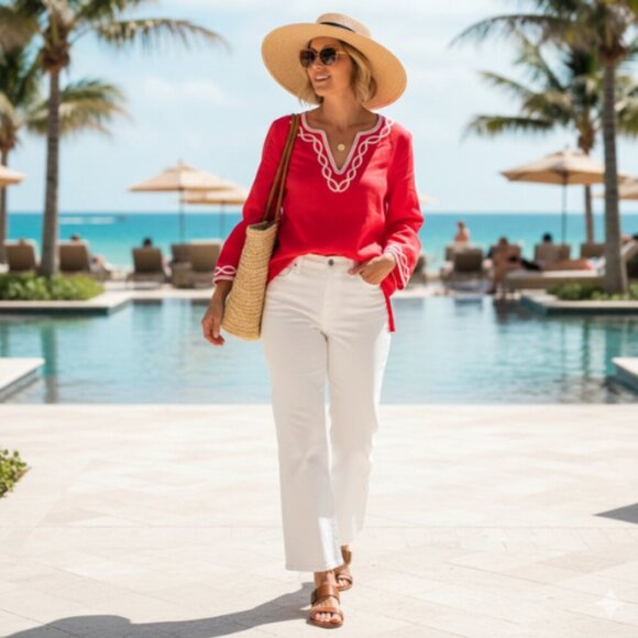 TALBOTS RED VNECK LINEN BLOUSE $79.00 RETAIL! - Picture 1 of 8